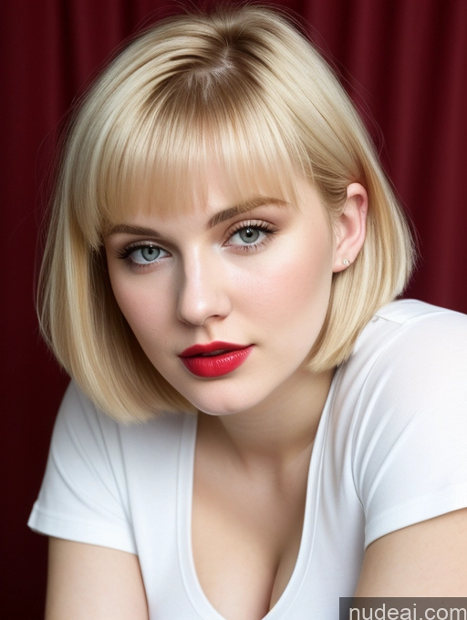 ai nude image of blond woman with red lips and a white shirt posing for a picture pics of Busty Perfect Boobs Beautiful Lipstick Thick Fairer Skin 18 Russian Close-up View Shirt Blonde Bobcut