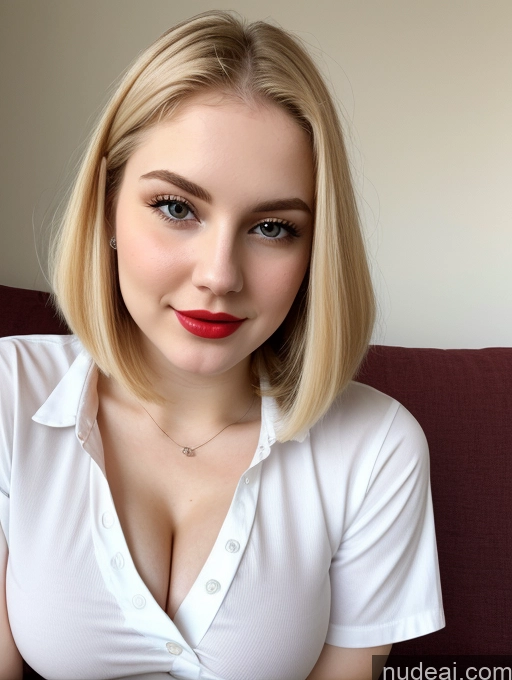 ai nude image of blond woman with red lips and white shirt sitting on a couch pics of Busty Perfect Boobs Beautiful Lipstick Thick Fairer Skin 18 Russian Close-up View Shirt Blonde Bobcut