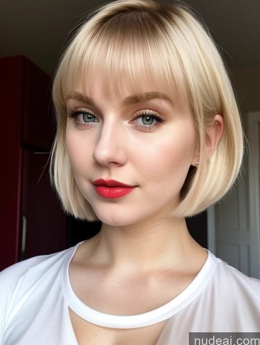 ai nude image of blond woman with short hair and red lipstick posing for a picture pics of Busty Perfect Boobs Beautiful Lipstick Thick Fairer Skin 18 Russian Close-up View Shirt Blonde Bobcut