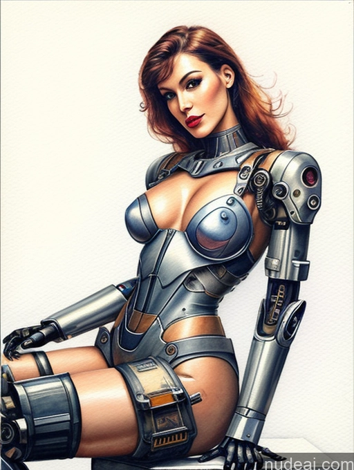 ai nude image of a close up of a woman in a suit with a robot on her arm pics of Cyborg One Small Tits Beautiful Lipstick Long Legs Perfect Body Pubic Hair Watercolor Close-up View High Heels Mech Suit