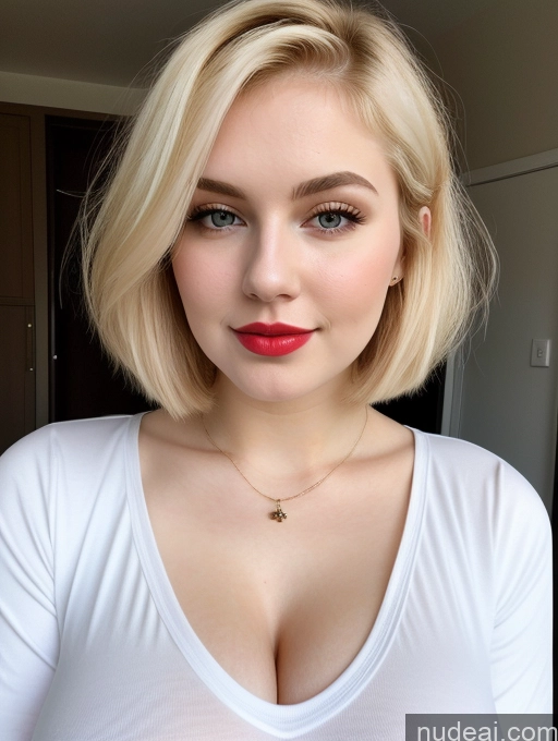 ai nude image of blond woman with a white shirt and red lipstick posing for a picture pics of Busty Perfect Boobs Beautiful Lipstick Thick Fairer Skin 18 Blonde Bobcut Russian Close-up View Shirt