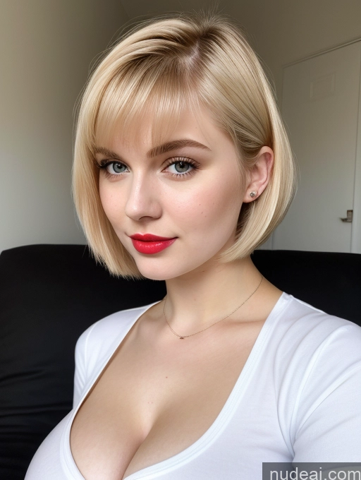 ai nude image of blond woman with a red lip and a white shirt posing for a picture pics of Busty Perfect Boobs Beautiful Lipstick Thick Fairer Skin 18 Blonde Bobcut Russian Close-up View Shirt