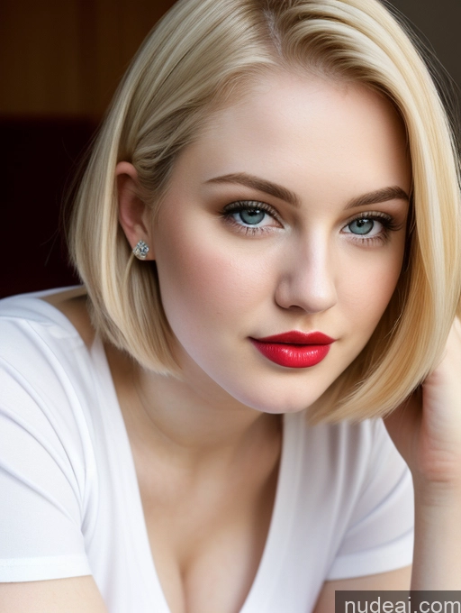 ai nude image of blond woman with blue eyes and red lipstick posing for a picture pics of Busty Perfect Boobs Beautiful Lipstick Thick Fairer Skin 18 Blonde Bobcut Russian Close-up View Shirt