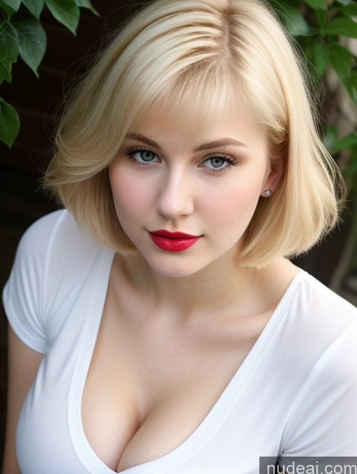 ai nude image of blond woman with red lips and a white shirt posing for a picture pics of Busty Perfect Boobs Beautiful Lipstick Thick Fairer Skin 18 Blonde Bobcut Russian Close-up View Shirt