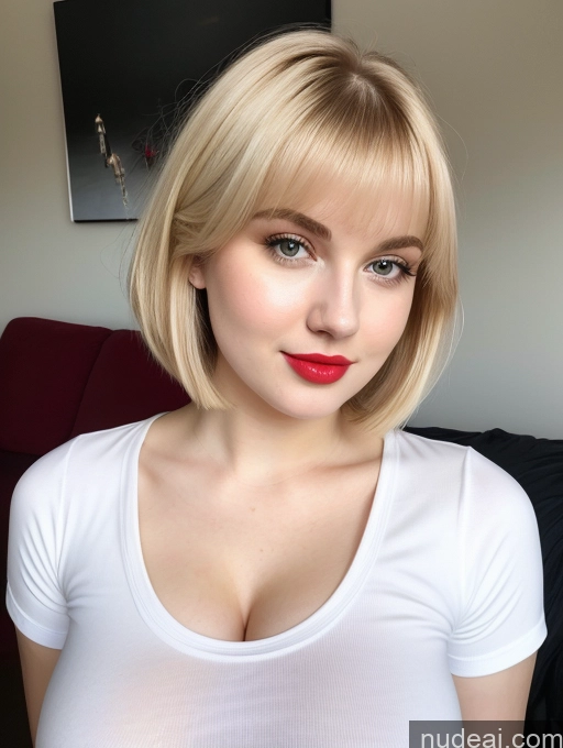 ai nude image of blond woman with red lips and a white shirt posing for a picture pics of Busty Perfect Boobs Beautiful Lipstick Thick Fairer Skin 18 Blonde Bobcut Russian Close-up View Shirt