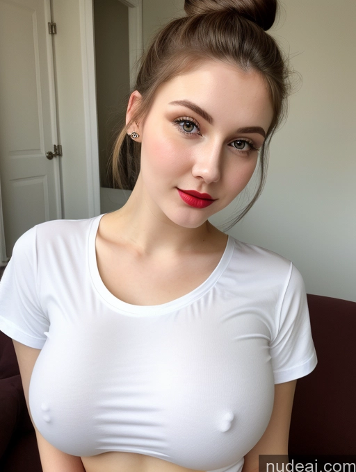 ai nude image of there is a woman with a white shirt and red lipstick pics of Busty Perfect Boobs Beautiful Lipstick Thick Fairer Skin 18 Russian Close-up View Shirt Brunette Hair Bun