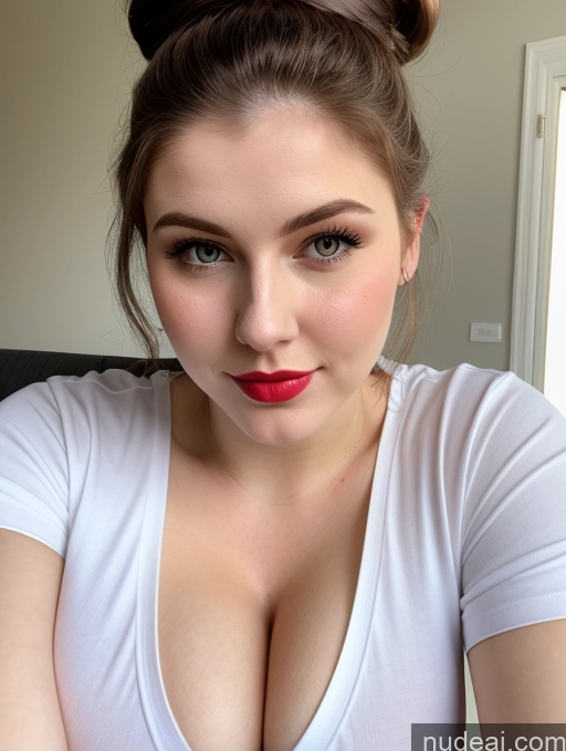 ai nude image of there is a woman with a bun in her hair posing for a picture pics of Busty Perfect Boobs Beautiful Lipstick Thick Fairer Skin 18 Russian Close-up View Shirt Brunette Hair Bun