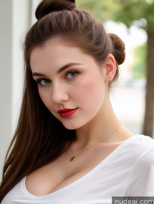 ai nude image of there is a woman with a white shirt and red lipstick pics of Busty Perfect Boobs Beautiful Lipstick Thick Fairer Skin 18 Russian Close-up View Shirt Brunette Hair Bun