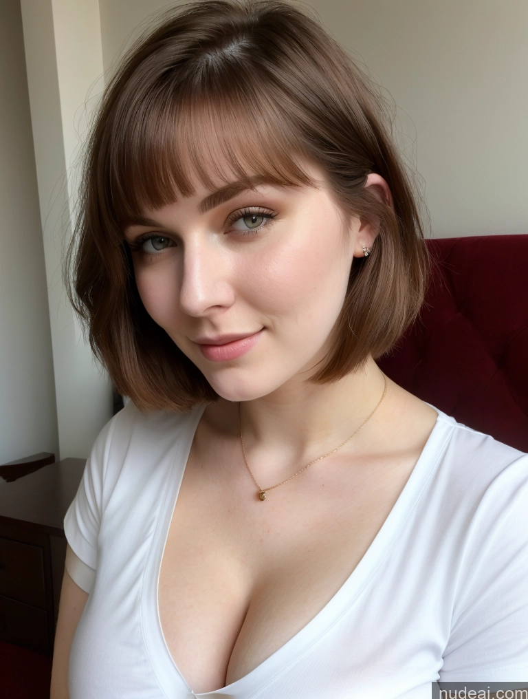 ai nude image of there is a woman with a white shirt and a necklace on pics of Busty Perfect Boobs Beautiful Thick Fairer Skin 18 Russian Close-up View Shirt Brunette Bobcut