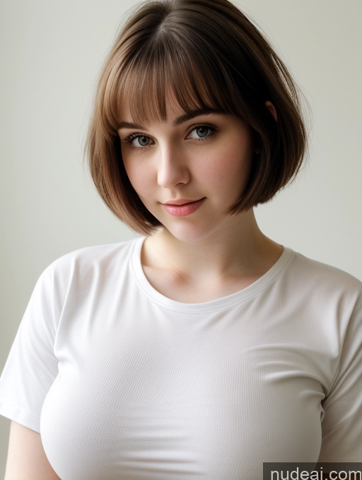 ai nude image of arafed woman with a white shirt and a brown hair pics of Busty Perfect Boobs Beautiful Thick Fairer Skin 18 Russian Close-up View Shirt Brunette Bobcut