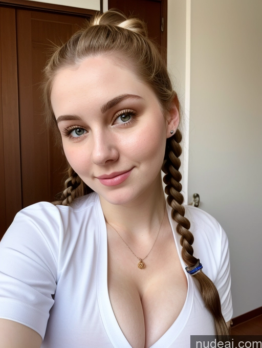 ai nude image of there is a woman with a braid in her hair posing for a picture pics of Busty Perfect Boobs Beautiful Thick Fairer Skin 18 Russian Close-up View Shirt Brunette Pigtails