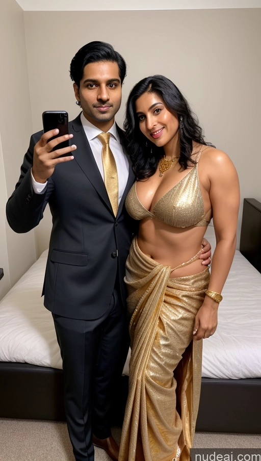 ai nude image of there is a man and woman posing for a picture in a bedroom pics of Woman + Man Small Tits Beautiful Muscular Big Ass Thick Big Hips Fat Chubby Perfect Body Pubic Hair 30s Serious Sexy Face Black Hair Indian Mirror Selfie Bedroom Front View Gold Jewelry Detailed Suit Sari Cumshot