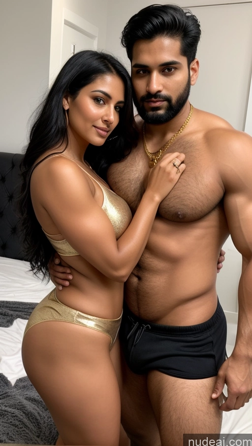 ai nude image of araffes man and woman posing in underwear on a bed pics of Woman + Man Small Tits Beautiful Muscular Big Ass Thick Big Hips Fat Chubby Perfect Body Pubic Hair 30s Serious Sexy Face Black Hair Indian Mirror Selfie Bedroom Front View Gold Jewelry Detailed Cumshot Tank Top Pajamas