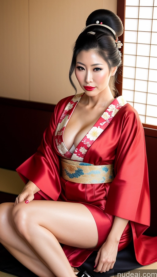 ai nude image of araffe woman in a kimono sitting on a mat in a room pics of Milf Small Tits Beautiful Lipstick Long Legs 40s Pouting Lips Hair Bun Japanese Close-up View Spreading Legs Geisha High Heels Kimono