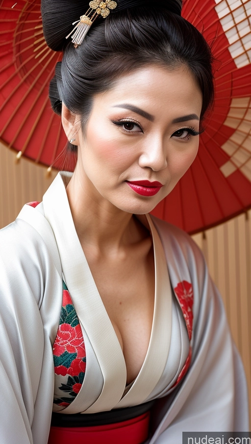 ai nude image of araffe woman in kimono with red umbrella and oriental hair pics of Milf Small Tits Beautiful Lipstick Long Legs 40s Pouting Lips Hair Bun Japanese Close-up View Spreading Legs Geisha High Heels Kimono