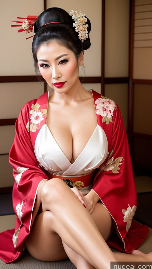 ai nude image of araffe asian woman in a kimono sitting on the floor pics of Milf Small Tits Beautiful Lipstick Long Legs 40s Pouting Lips Hair Bun Japanese Close-up View Spreading Legs Geisha High Heels Kimono Cleavage