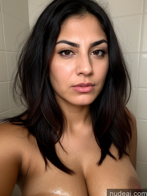 ai nude image of arafed woman with big breast in a bathroom taking a selfie pics of Bending Over Close-up View Busty Tanned Skin Serious Sad Shocked Sexy Face Seductive 30s Black Hair Bobcut Jewish Bathroom Angry Sorority