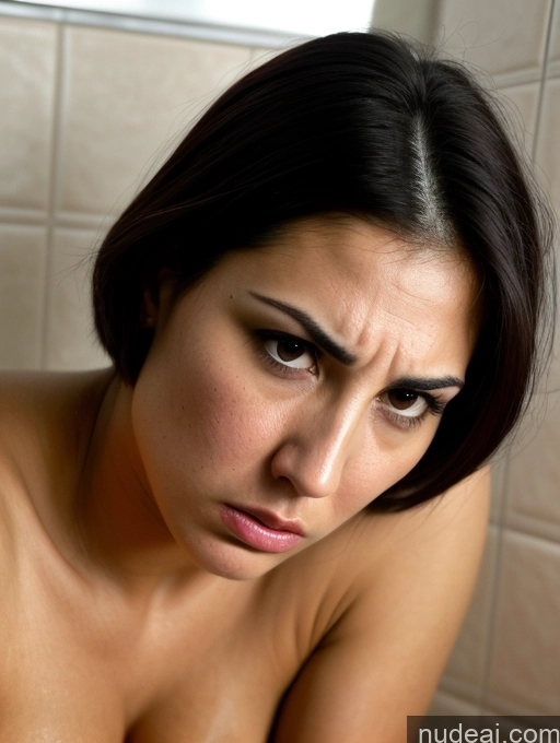 ai nude image of there is a woman that is looking at her cell phone pics of Bending Over Close-up View Busty Tanned Skin Serious Sad Shocked Sexy Face Seductive 30s Black Hair Bobcut Jewish Bathroom Angry Sorority