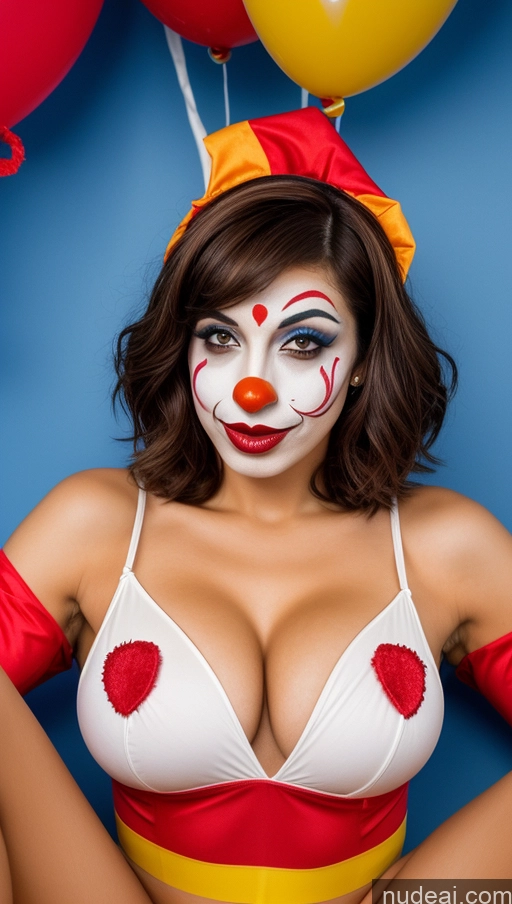 ai nude image of araffe clown makeup and red lips and a white bra top pics of Perfect Boobs Perfect Body Sexy Face 30s Brunette One Egyptian Bobcut Spreading Legs Clown Small Tits Cleavage