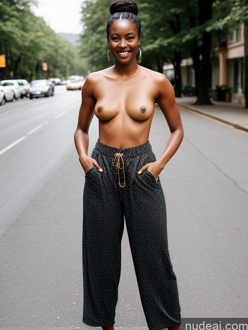 ai nude image of there is a woman standing on the street with her hands in her pockets pics of Woman One Perfect Body 30s Happy Black Hair Hair Bun Film Photo Harem Pants Topless Street Native American Dark Skin