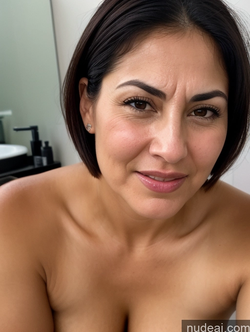 ai nude image of arafed woman with a big breast posing in a bathroom pics of Bending Over Close-up View Busty Tanned Skin Serious Sad Shocked Sexy Face Seductive 30s Black Hair Bobcut Jewish Bathroom Angry Laughing Milf Happy