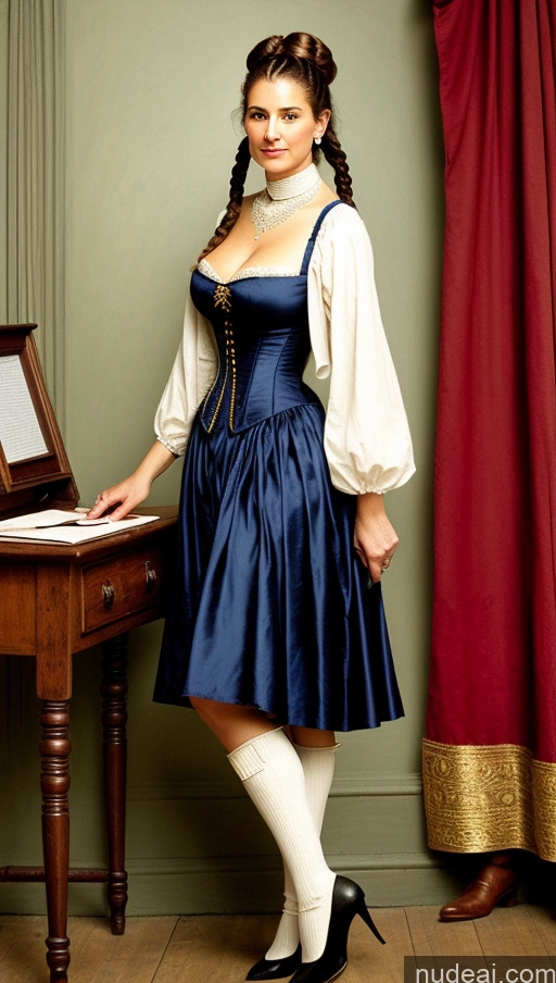 ai nude image of arafed woman in a blue dress standing next to a desk pics of Milf Perfect Boobs Big Ass Long Legs Pubic Hair 50s Braided British Painting Front View Medieval Traditional Victorian Cleavage Hairy Women Busty Beautiful Tall