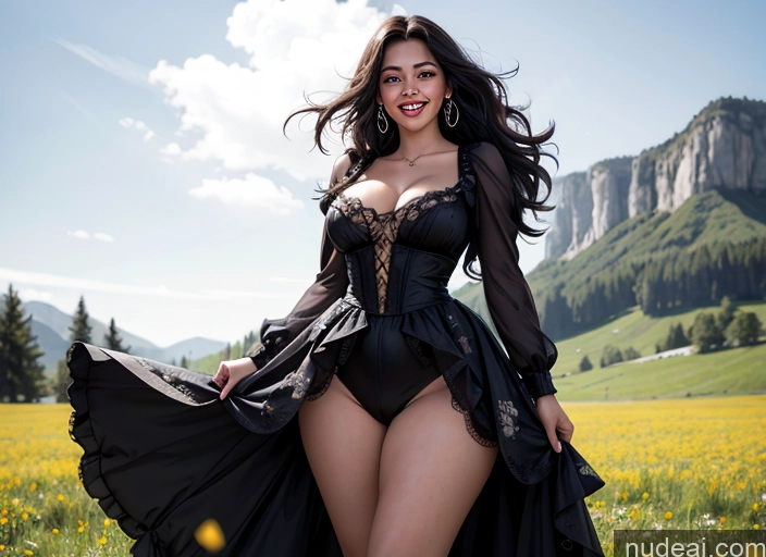 ai nude image of araffe woman in a black dress posing in a field of flowers pics of Chubby Thick Long Legs Tall Big Hips Sexy Face Laughing Meadow Detailed Big Ass Black Hair Latina Happy 30s Woman Long Hair Busty Perfect Body Goth Gals V2