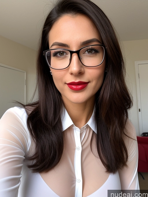 ai nude image of there is a woman wearing glasses and a white shirt pics of Sorority Busty Perfect Boobs Beautiful Glasses Lipstick Skinny Perfect Body Pubic Hair Oiled Body Sexy Face Close-up View Blouse Panties Polo Professor Secretary Teacher Stylish Stockings Transparent Cumshot