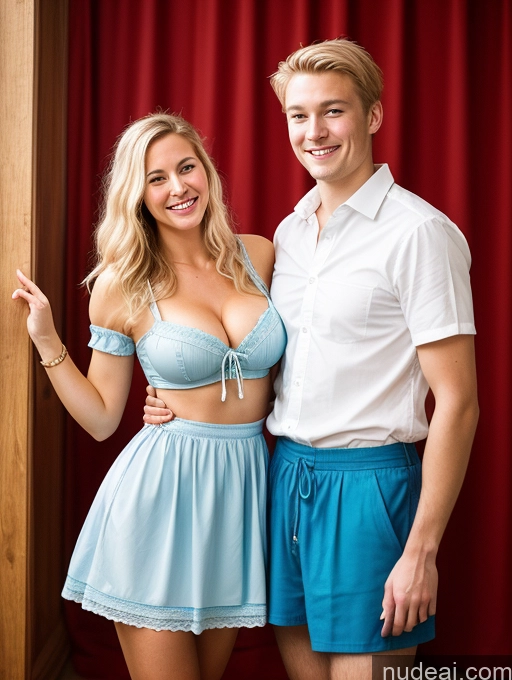 ai nude image of blond haired man and blonde woman posing for a picture in front of a red curtain pics of Scandinavian Busty Woman + Man Perfect Body Skinny Short 18 Happy Sexy Face Party Dirndl Medieval Mini Skirt Cleavage Detailed Bright Lighting Film Photo