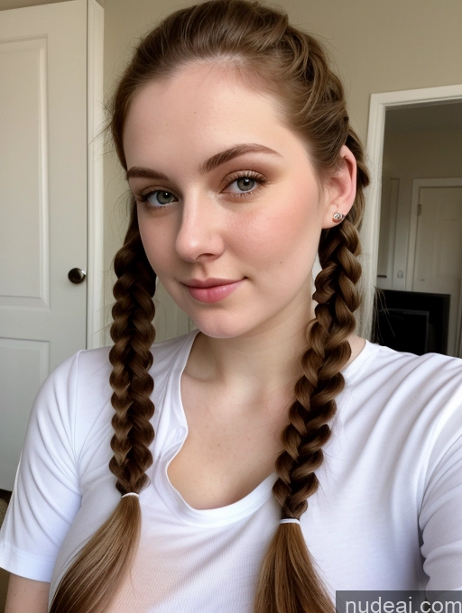 ai nude image of arafed woman with long hair in a white shirt and braids pics of Busty Perfect Boobs Beautiful Fairer Skin Thick 18 Brunette Pigtails Russian Close-up View Shirt