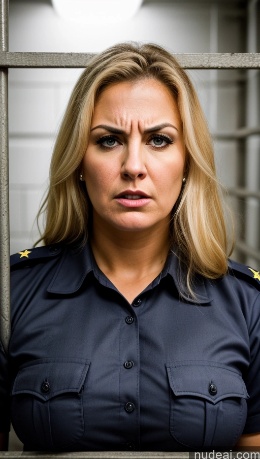 ai nude image of blond woman in uniform looking at camera through barred window pics of Angry White Police Prison Busty Long Hair 30s Blonde