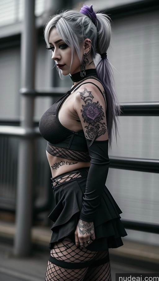 ai nude image of arafed woman with tattoos and a skirt standing on a street pics of Busty Perfect Boobs Beautiful Tattoos Muscular Perfect Body Fairer Skin 20s Purple Hair Ponytail Choker Crop Top Fishnet Micro Skirt Gothic Punk Girl