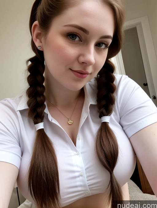 ai nude image of arafed woman with long hair in a white shirt and braids pics of Busty Perfect Boobs Beautiful Thick Fairer Skin 18 Brunette Pigtails Russian Close-up View Shirt Detailed