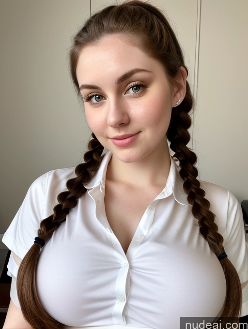 ai nude image of there is a woman with a braid in her hair posing for a picture pics of Busty Perfect Boobs Beautiful Thick Fairer Skin 18 Brunette Pigtails Russian Close-up View Shirt Detailed