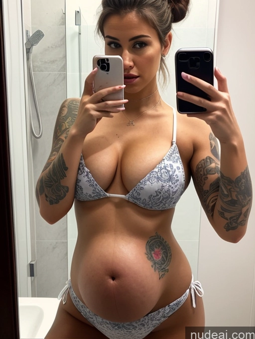 ai nude image of arafed woman taking a selfie in a bathroom mirror pics of Perfect Boobs Tattoos Big Hips Perfect Body Pubic Hair Pregnant Tanned Skin 18 Shocked Hair Bun German Mirror Selfie Bathroom Detailed Bikini Front View