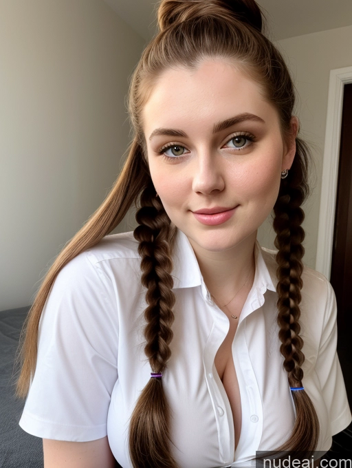 ai nude image of arafed woman with long hair in a white shirt and braids pics of Thick Long Hair Brunette Pigtails Detailed Busty Perfect Boobs Beautiful Fairer Skin 18 Russian Close-up View Shirt