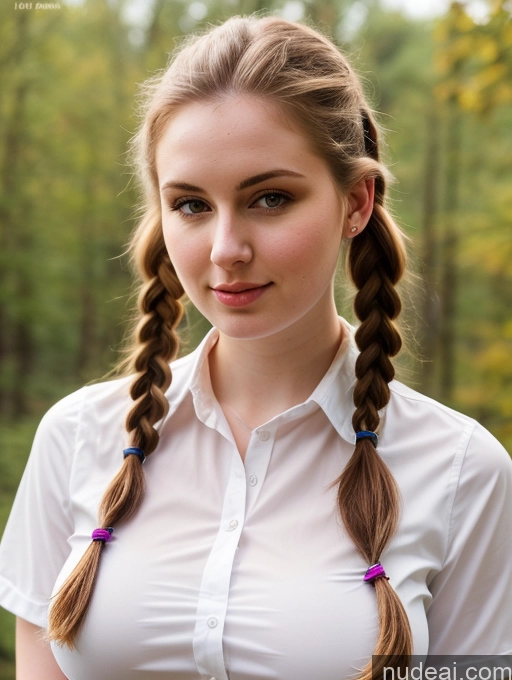 ai nude image of arafed woman with long hair in a white shirt and purple beads pics of Woman 18 Brunette Pigtails Slicked Busty Perfect Boobs Thick Beautiful Fairer Skin Russian Shirt