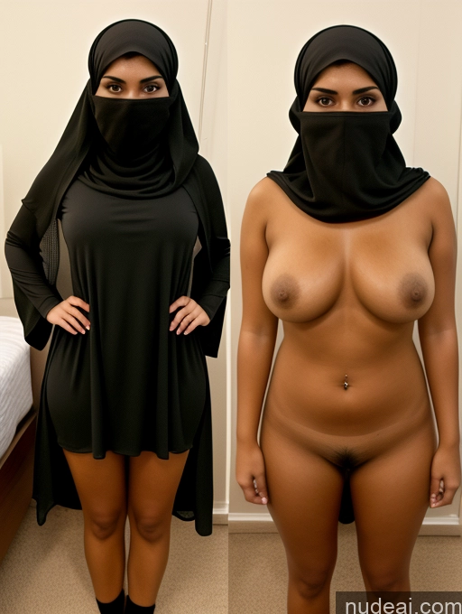 ai nude image of two women in black dresses and a black hijab are posing naked pics of Miss Universe Model One Beautiful Pubic Hair 18 Serious Black Hair Long Hair Bedroom Spreading Legs Onoff Thick Short Turkish Niqab Dress