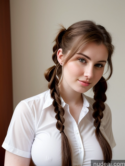 ai nude image of arafed woman with long hair in a white shirt and braids pics of Woman Busty Perfect Boobs Beautiful Thick Fairer Skin 18 Brunette Pigtails Slicked Russian Shirt