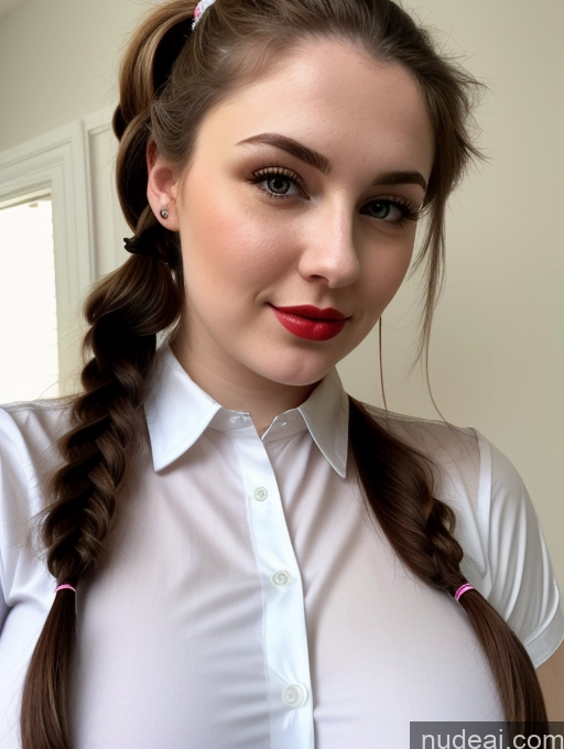 ai nude image of arafed woman with a white shirt and a pink bow tie pics of Woman Busty Perfect Boobs Beautiful Thick Fairer Skin 18 Brunette Pigtails Slicked Russian Shirt Lipstick