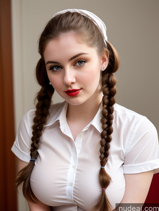 ai nude image of arafed woman with a white shirt and a white headband pics of Woman Busty Perfect Boobs Beautiful Thick Fairer Skin 18 Brunette Pigtails Slicked Russian Shirt Lipstick