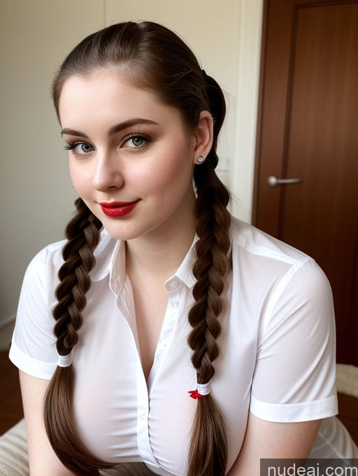 ai nude image of arafed woman with long hair in a white shirt and red lipstick pics of Woman Busty Perfect Boobs Beautiful Thick Fairer Skin 18 Brunette Pigtails Slicked Russian Shirt Lipstick