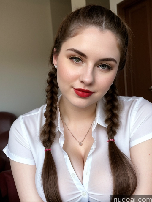 ai nude image of arafed woman with long hair and red lipstick sitting on a couch pics of Woman Busty Perfect Boobs Beautiful Thick Fairer Skin 18 Brunette Pigtails Slicked Russian Shirt Lipstick