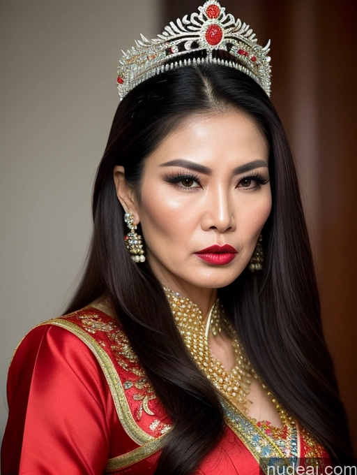 ai nude image of araffe woman wearing a tiable and a red dress with a gold crown pics of Miss Universe Model Beautiful Lipstick Long Hair Asian Traditional Angry Sexy Face 60s