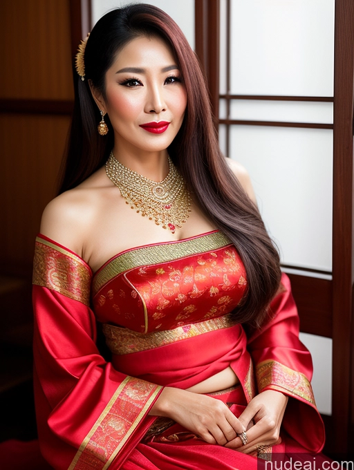 ai nude image of araffe woman in a red dress with a gold necklace and earrings pics of Woman Beautiful Lipstick 50s Sexy Face Long Hair Asian Seductive Traditional