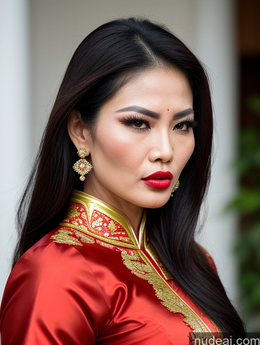 ai nude image of arafed asian woman in a red and gold dress with a red lip pics of Miss Universe Model Beautiful Lipstick Angry Long Hair Vietnamese Traditional 40s Sexy Face