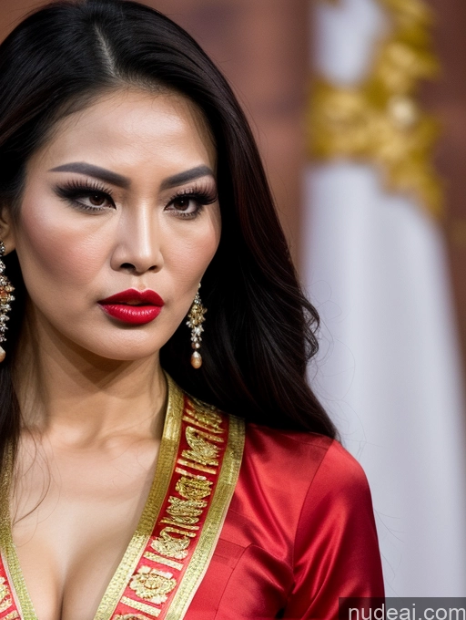 ai nude image of araffe woman in a red dress with gold trim and earrings pics of Miss Universe Model Beautiful Lipstick Angry Long Hair Vietnamese Traditional 40s Sexy Face