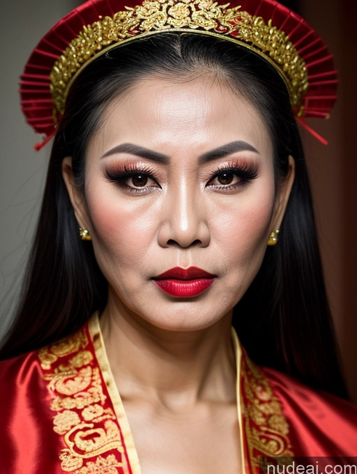 ai nude image of arafed woman wearing a red and gold dress and a red hat pics of Lingerie Model Beautiful Lipstick Long Hair Vietnamese Traditional 50s Angry Sexy Face