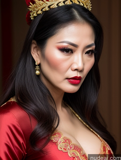 ai nude image of arafed woman wearing a red dress and a gold crown pics of Lingerie Model Beautiful Lipstick Long Hair Vietnamese Traditional 50s Angry Sexy Face