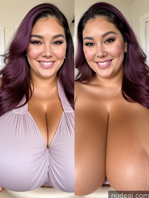 ai nude image of two women with big breasts posing for a picture in a bathroom pics of Miss Universe Model Thick Chubby Fat Busty Huge Boobs Perfect Boobs Beautiful 30s Happy Filipina Blouse Cleavage Onoff Close-up View Purple Hair